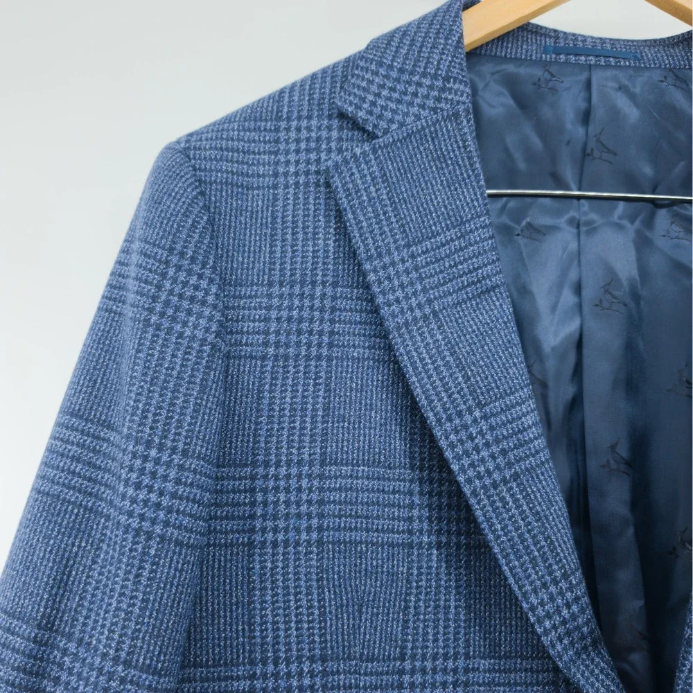 Charles Tyrwhitt Mens Sport Coat Wool Silk Glen Check Blue 44R Slim Fit Blazer